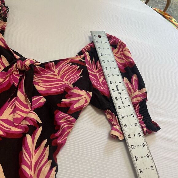 Who What Wear Pink Tropical Linen Puff Sleeve Dress Size Medium - Picture 5 of 11